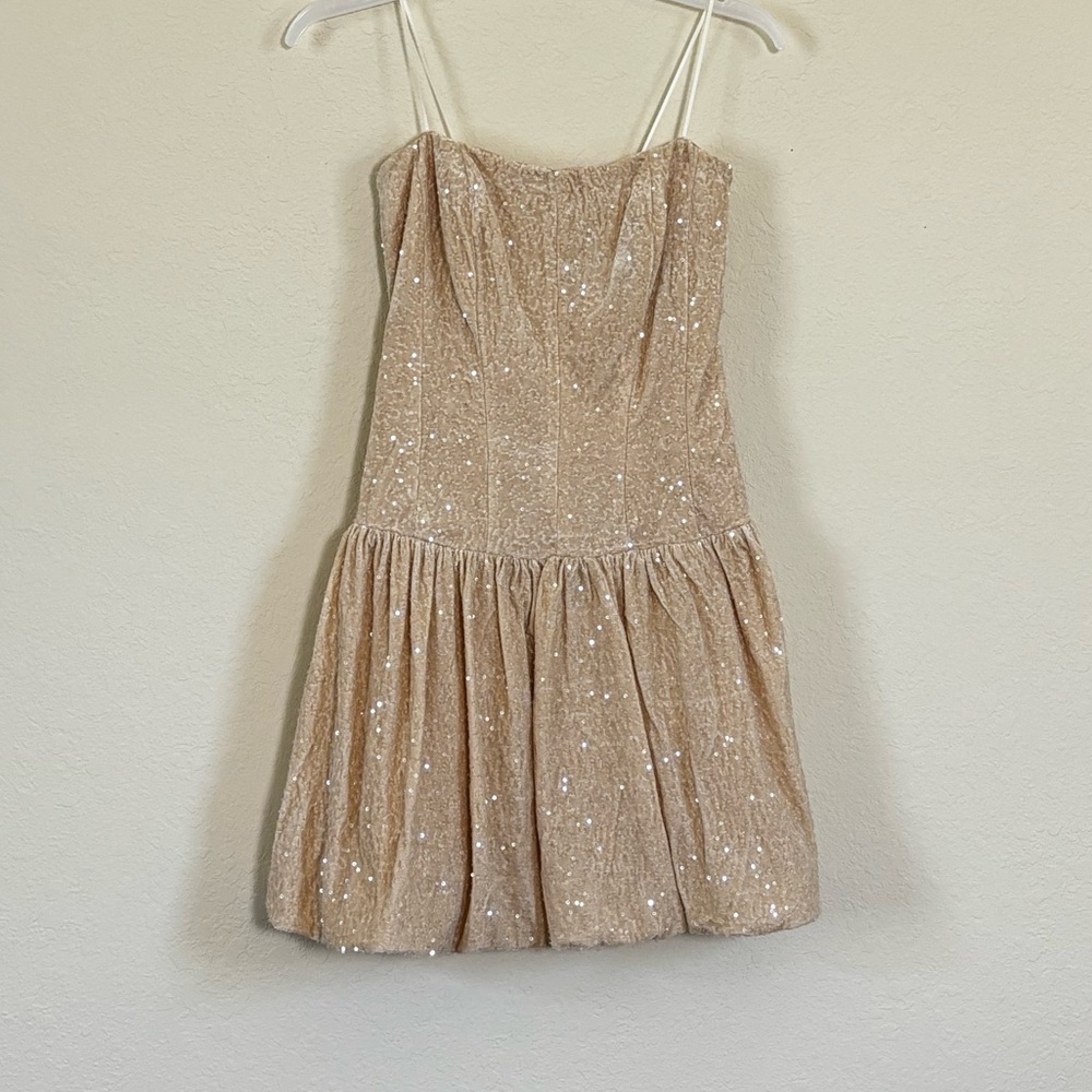 Beige Sequin Sparkling Strapless Bubble Dress. Size S